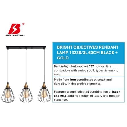 BRIGHT OBJECTIVES PENDANT LAMP 13338/3L 60CM BLACK + GOLD