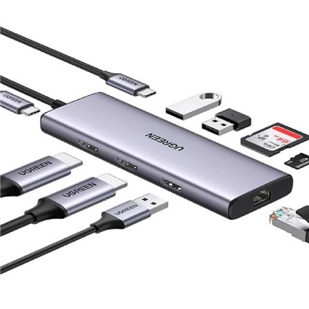 UGREEN HIGH END USB-C 9IN1 DOCKING 2*USB3.0+USB2.0+2*HDMI 4K@60HZ+RJ45 GIGABIT+SD&TF+PD