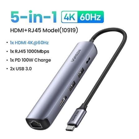 UGREEN USB-C 3.1 GEN 2 TO HDMI 4K@60HZ+2*USB-A 3.0+RJ45 GIGABIT+PD3.0 100W ALUMINUM CASE