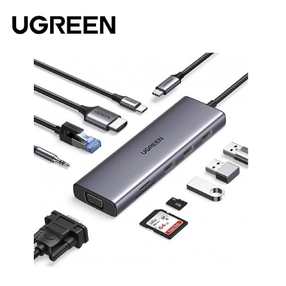 UGREEN USB-C 10IN1 DOCKING TO 3*USB-A 3.0+HDMI+VGA+RJ45 GIGABIT+SD/TF+AUX3.5MM+PD100W