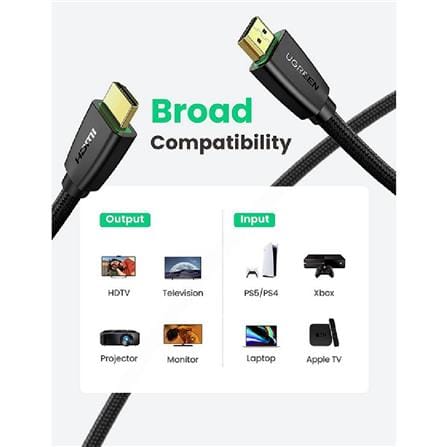 UGREEN HDMI CABLE VER 2.0 4K@60HZ WITH NYLON BRAID 10M (BLACK)