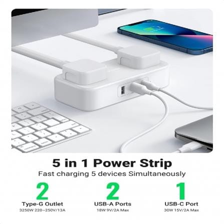 UGREEN DIGINEST POWER STRIP 2 AC OUTLETS + 30W 2A1C COMMERCIAL PACK (WHITE)