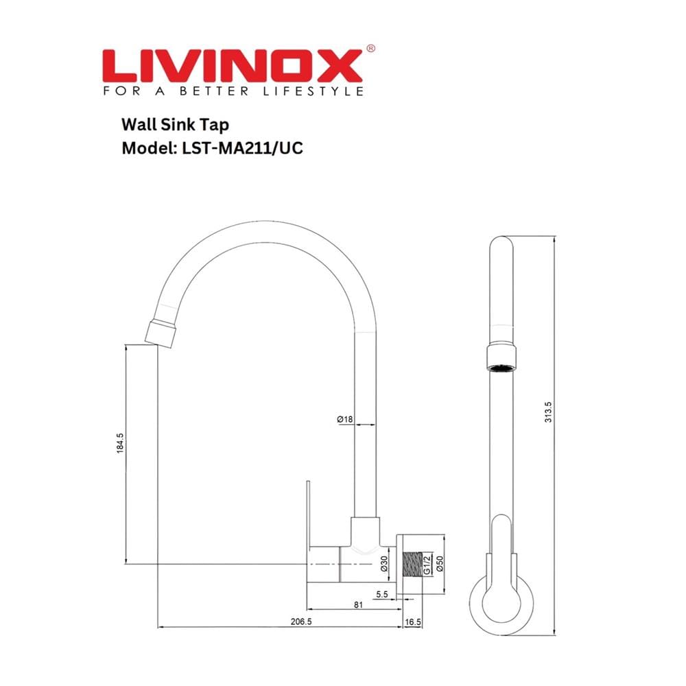 LIVINOX SINK FAUCET WALL LST-MA211-UC MATT STAINLESS STEEL