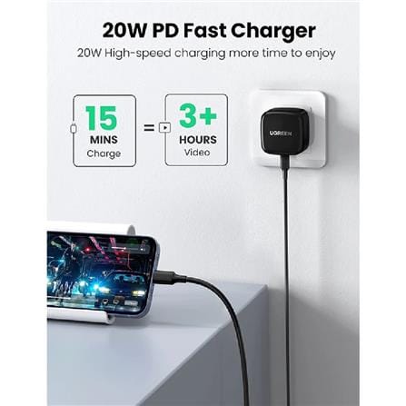 UGREEN 20W USB-C PD FAST CHARGER + USB-C TO LIGHTNING CABLE 1M (BLACK)