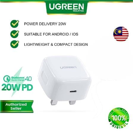 UGREEN 20W USB-C PD FAST CHARGER + USB-C TO LIGHTNING CABLE 1M (WHITE)