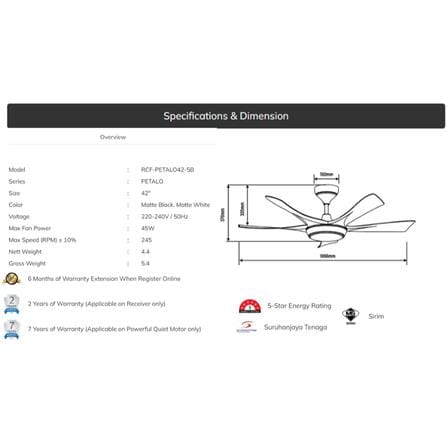 RUBINE CEILING FAN RCF-PETALO42-5B-MATTE BLACK 42"