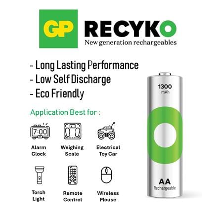 GP RECYKO RECHARGEABLE BATTERY 1300mAh AA 4S