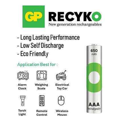 GP RECYKO RECHARGEABLE BATTERY 650mAh AAA 2S