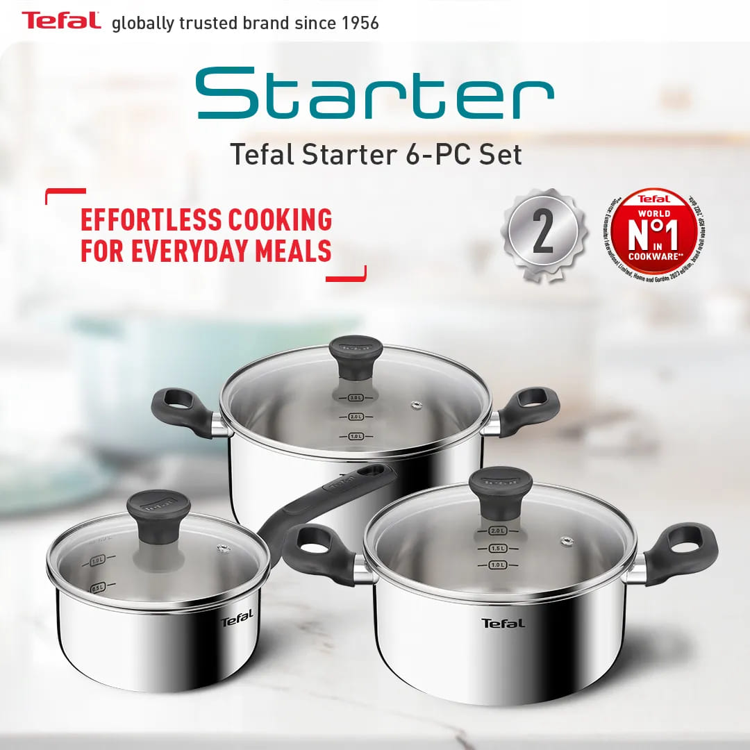 TEFAL STARTER 6PCS SET (SP16CM + STW20CM + STW24CM W/LID) -E325S6