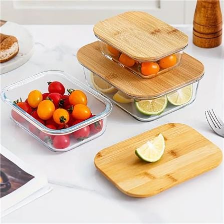 COSSY PLUS BOROSILICATE GLASS STORAGE CONTAINER 640ML WITH BAMBOO LID -RECTANGULAR