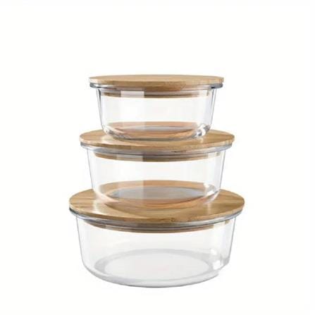 COSSY PLUS BOROSILICATE GLASS STORAGE CONTAINER 950ML WITH BAMBOO LID - ROUND