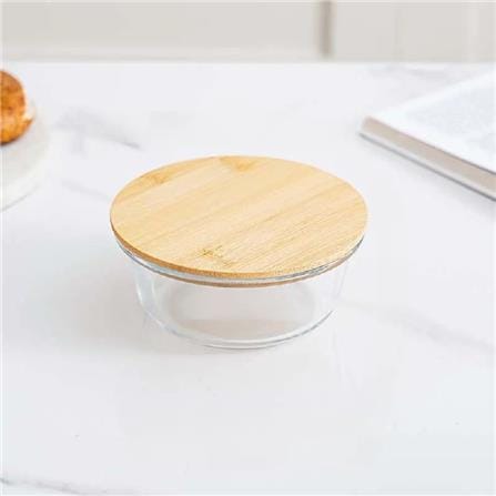 COSSY PLUS BOROSILICATE GLASS STORAGE CONTAINER WITH BAMBOO LID 400ML - ROUND