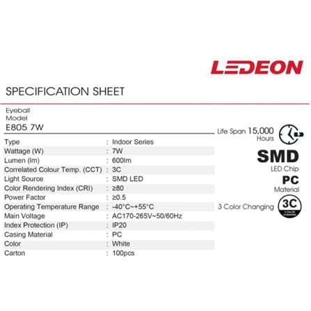 LEDEON LED EYEBALL E805 7W 3 COLOR WHITE ROUND 4"