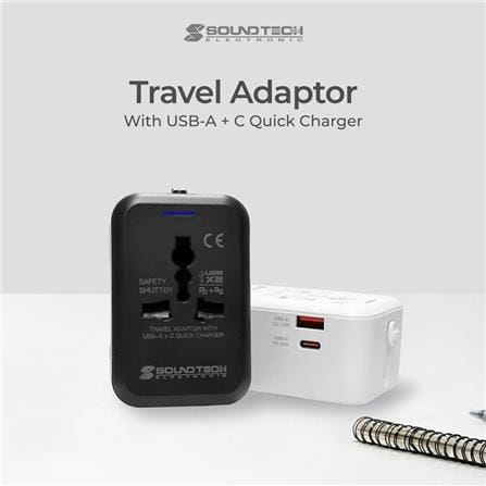 TRAVEL ADAPTOR WITH 20W USB A+C QUICK CHARGER TA-720 SOUNDTEOH WHITE