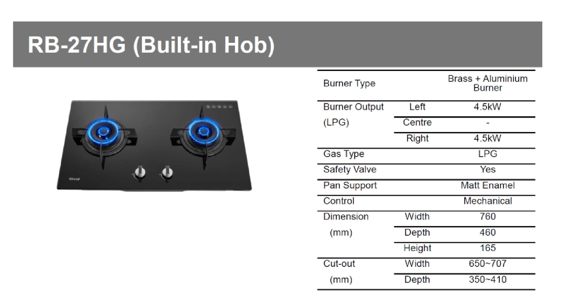 RINNAI FLEXIBLE GAS HOB RB-27HG 2BURNERS 4.5KW 76CM
