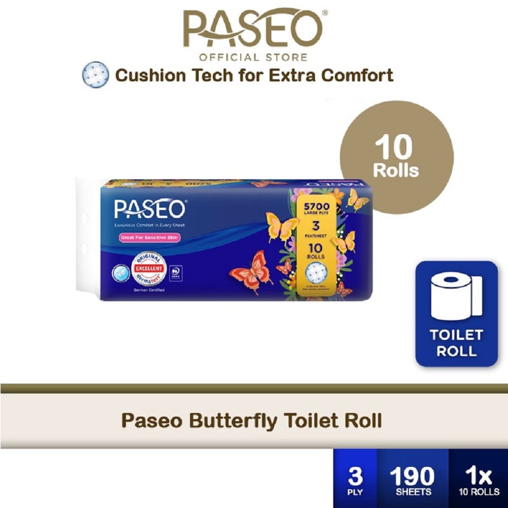 PASEO BATHROOM ROLL 3PLY 10ROLLS BUTTERFLY 190S