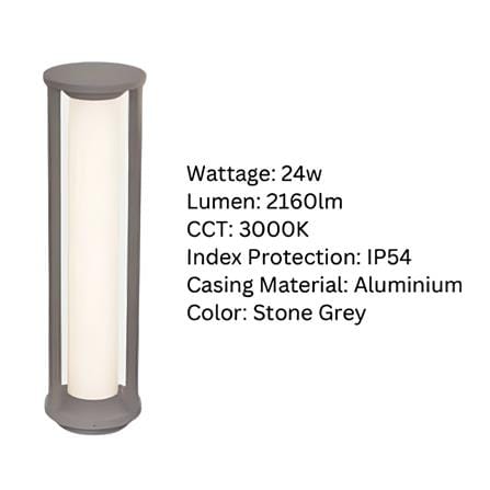 YETPLUS BOLLARD BL3312 H60 24W 3000K (WARM WHITE) STONE GREY 60CM