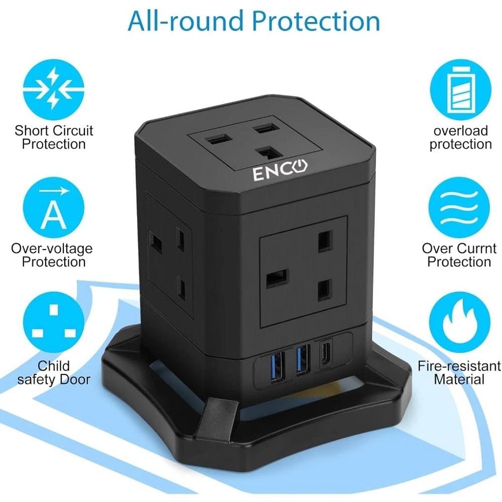 ENCO 5 GANG 2 USB + 1 TYPE C VERTICAL POWER SOCKET CT-ENCO3U5K BLACK