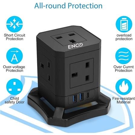 ENCO 5 GANG 2 USB + 1 TYPE C VERTICAL POWER SOCKET CT-ENCO3U5K BLACK