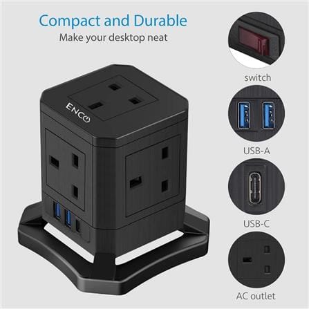 ENCO 5 GANG 2 USB + 1 TYPE C VERTICAL POWER SOCKET CT-ENCO3U5K BLACK