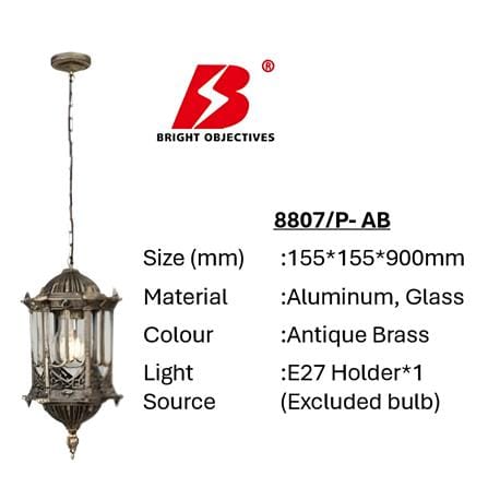 PRE-ORDER BRIGHT OBJECTIVES PENDANT OUTDOOR LAMP 8807/P 900MM E27 ANTIQUE BRASS