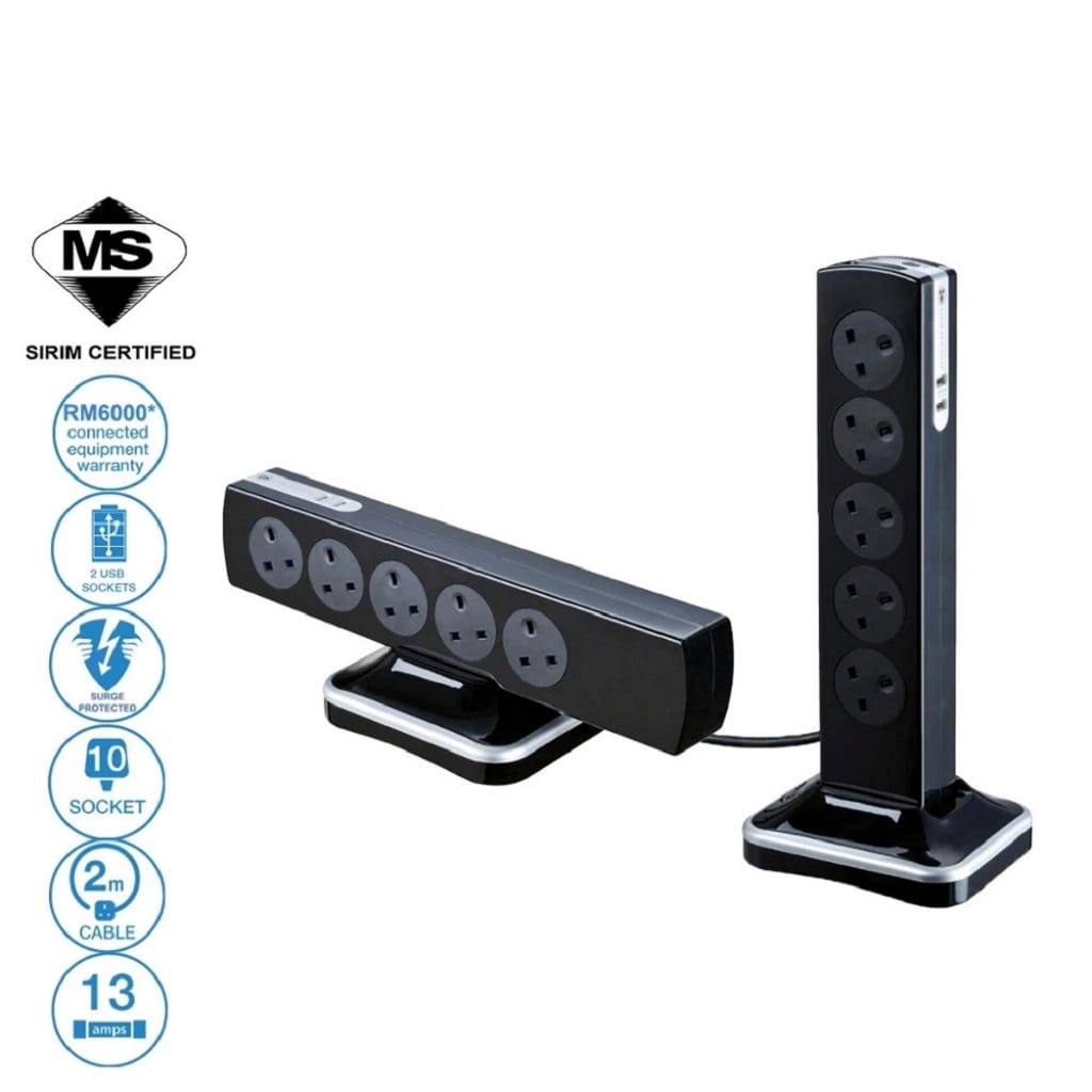 MASTERPLUG 10G2M 2USB 3.1A WITH SURGE PROTECTION GLOSSY BLACK