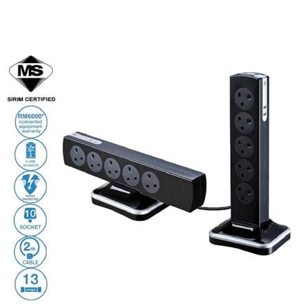 MASTERPLUG 10G2M 2USB 3.1A WITH SURGE PROTECTION GLOSSY BLACK