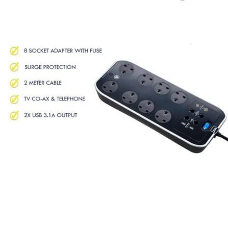 MASTERPLUG 8G2M 2USB 3.1A WITH SURGE PROTECTION GLOSSY BLACK
