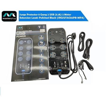 MASTERPLUG 8G2M 2USB 3.1A WITH SURGE PROTECTION GLOSSY BLACK