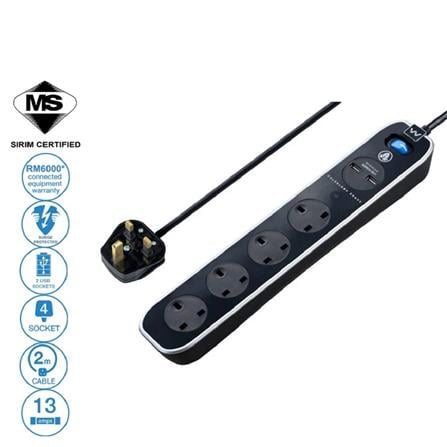 MASTERPLUG 4G2M 2USB 3.1A WITH SURGE PROTECTION GLOSSY BLACK