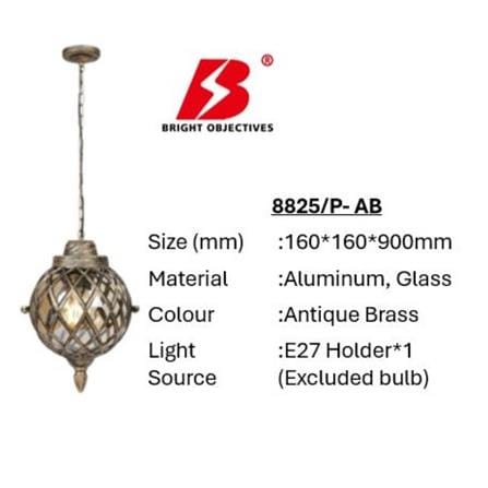 PRE-ORDER BRIGHT OBJECTIVES PENDANT OUTDOOR LAMP 8825/P 900MM E27 ANTIQUE BRASS