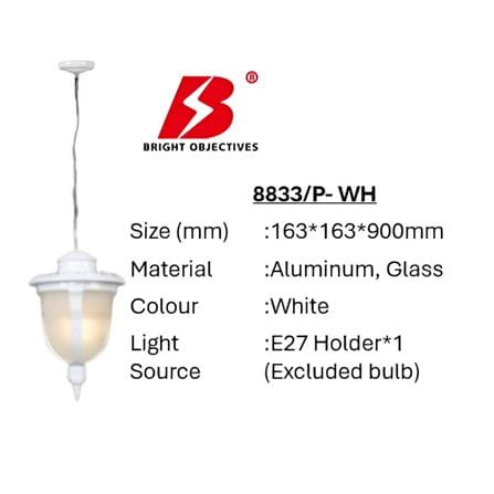 PRE-ORDER BRIGHT OBJECTIVES PENDANT OUTDOOR LAMP 8833/P 900MM E27 WHITE
