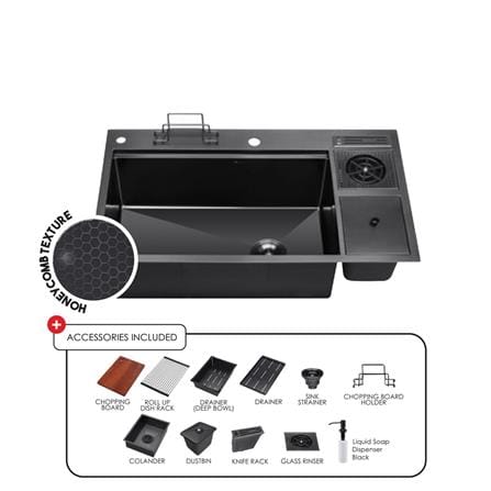 SORENTO BUILT-IN KITCHEN HONEYCOMB MULTIFUNCTIONAL SINK SRTKS8835-BL 88CM 1BOWL BLACK STAINLESS STEEL 304 WITH PULL OUT MIXER TAP