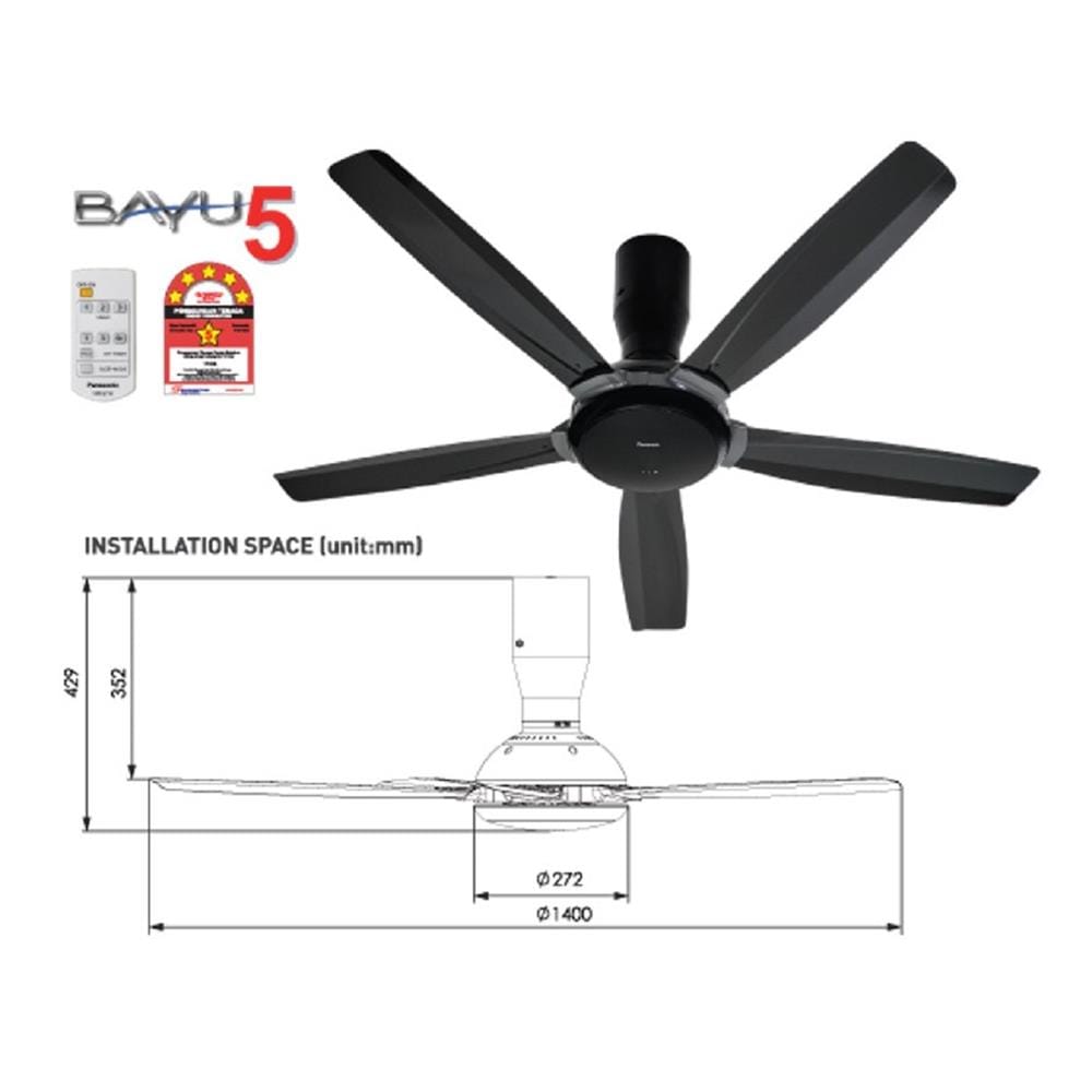 PANASONIC CEILING FAN BAYU 5 DC F-M14JHVBKH BLACK 56"