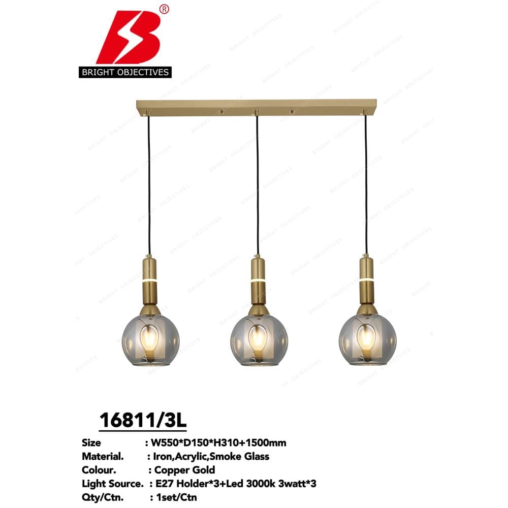 BRIGHT OBJECTIVES PENDANT LAMP 16811/3L GOLD, SMOKE GREY 55CM