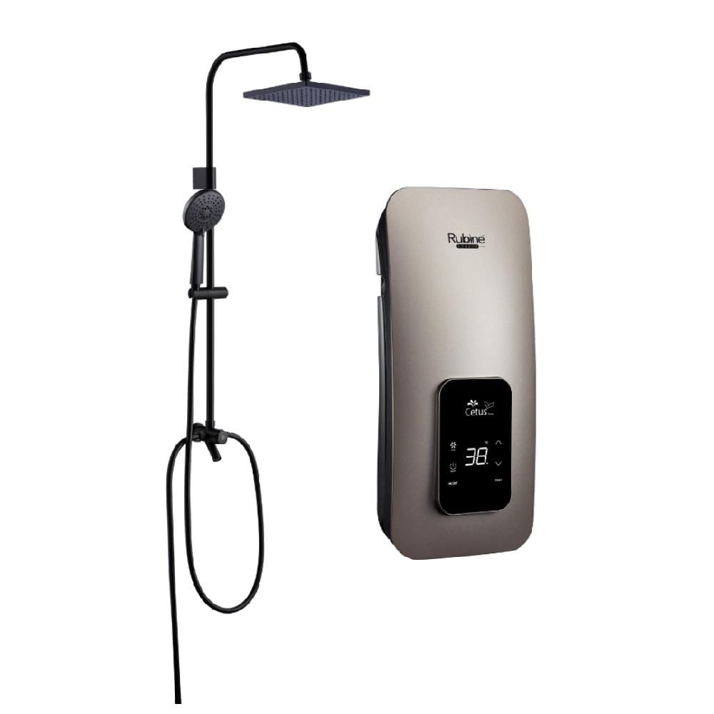 RUBINE SHOWER HEATER DC PUMP WITH RAIN SHOWER CED541D CHAMPAGNE GOLD (MATTE BLACK SHOWER ACCESORIES SET)