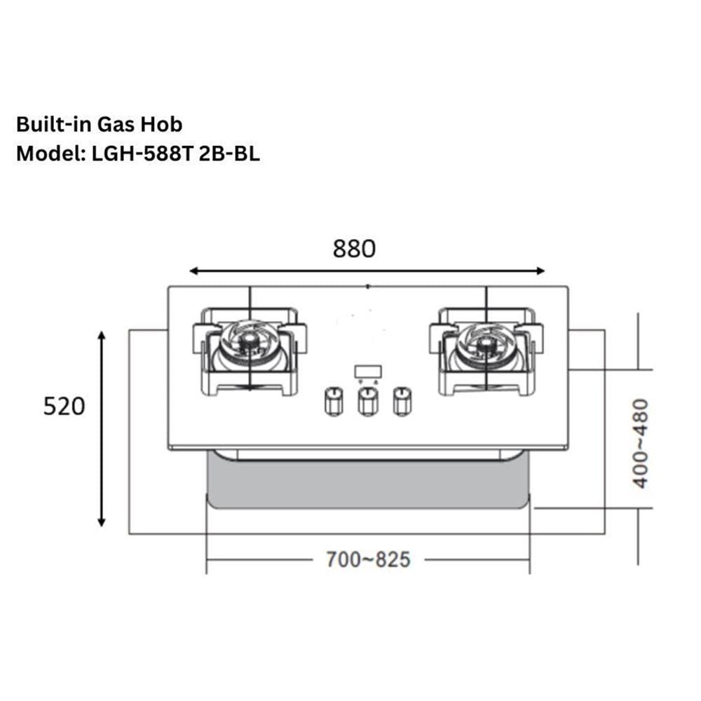 LIVINOX FLEXIBLE CUT OUT GAS HOB LGH-588T 2B-FG 2BURNER 5.5KW 88CM