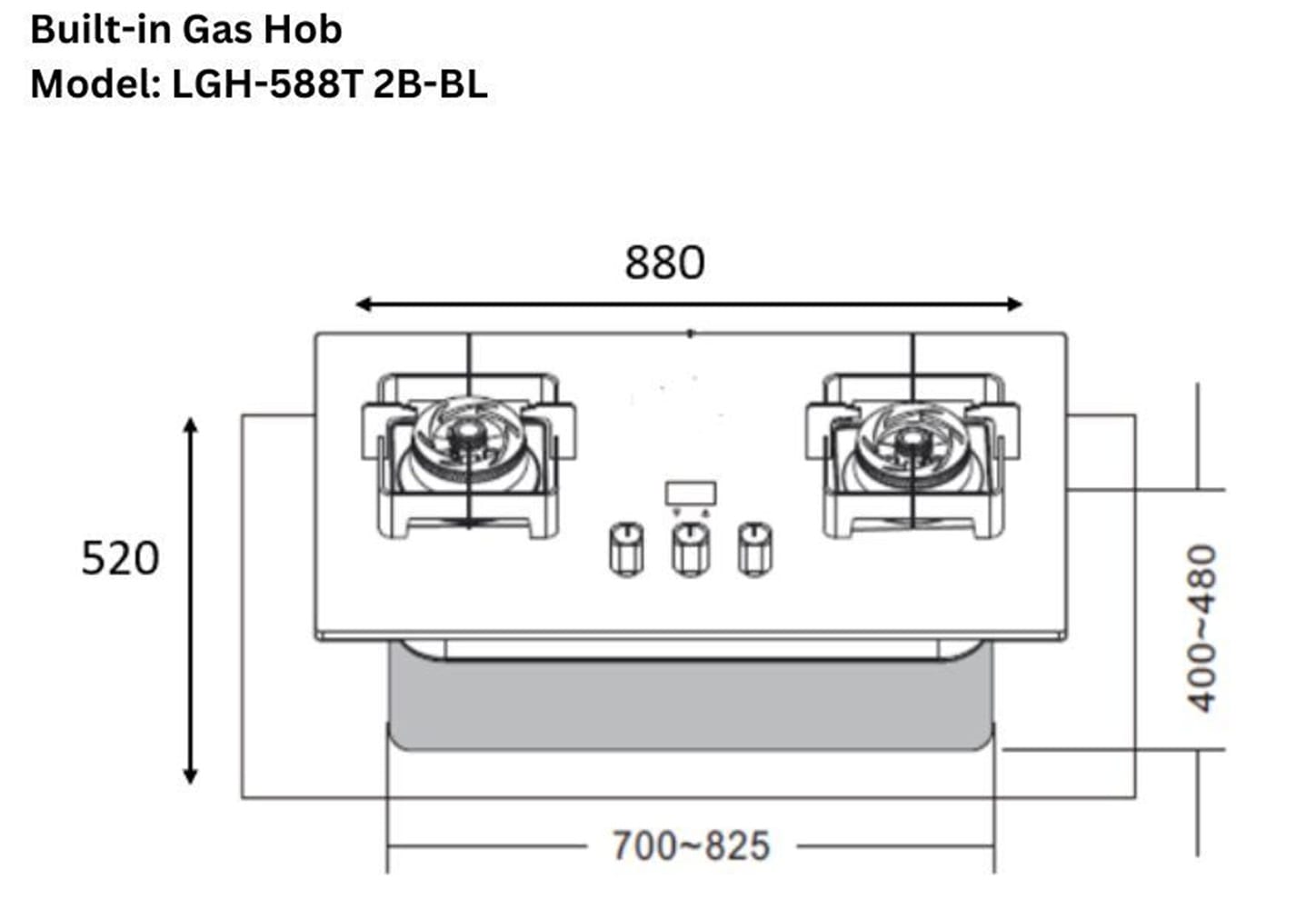 LIVINOX FLEXIBLE CUT OUT GAS HOB LGH-588T 2B-FG 2BURNER 5.5KW 88CM