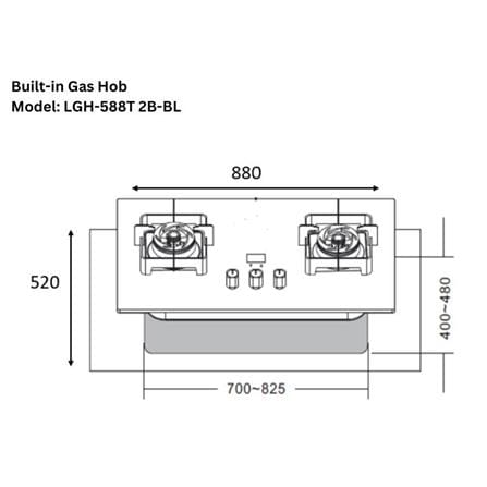 LIVINOX FLEXIBLE CUT OUT GAS HOB LGH-588T 2B-FG 2BURNER 5.5KW 88CM