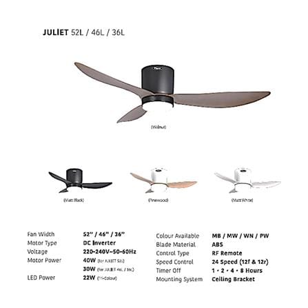 FIERO CEILING FAN JULIET LED 36 INCH 3 BLADE PINE WOOD
