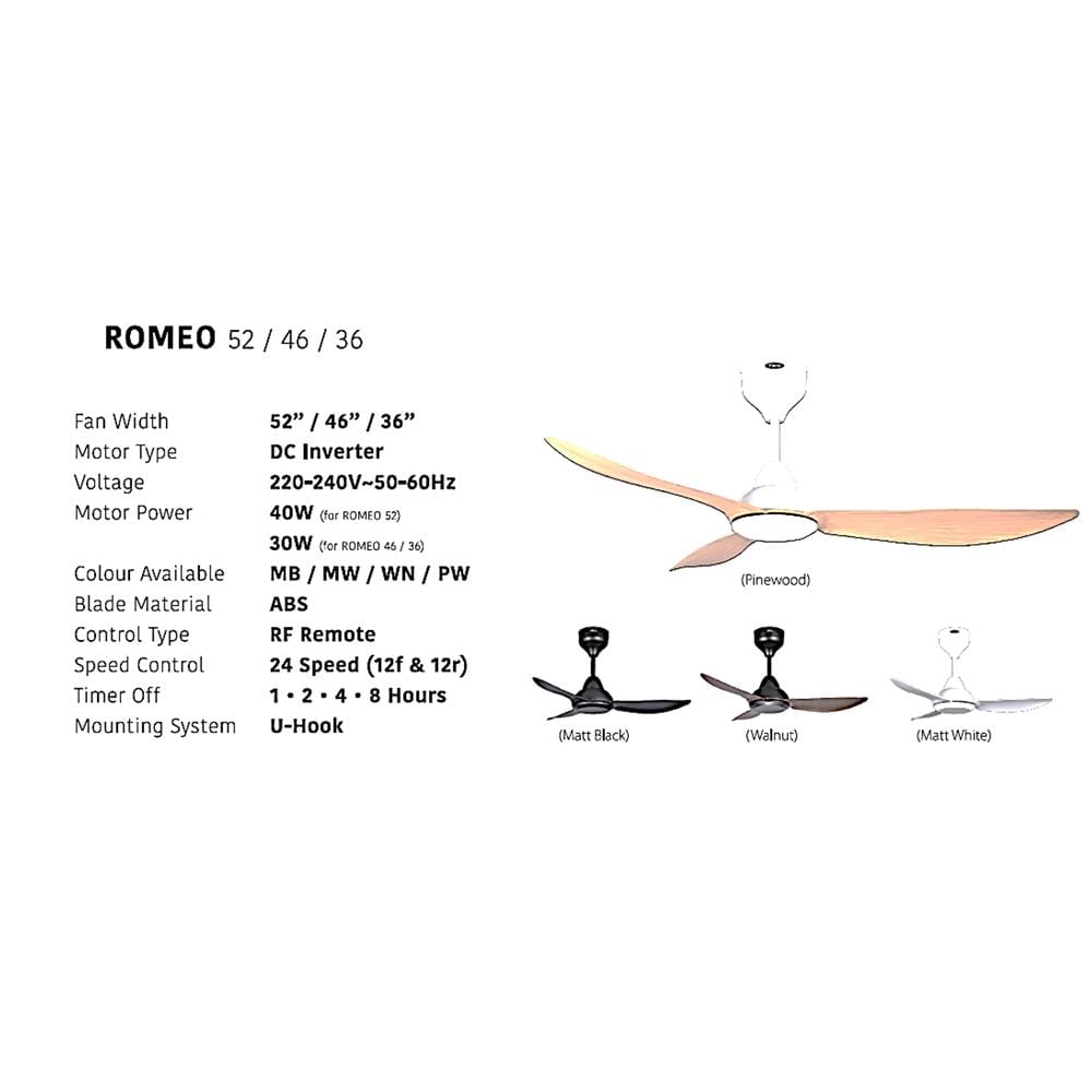 FIERO CEILING FAN ROMEO 52 INCH 3 BLADE MATTE BLACK