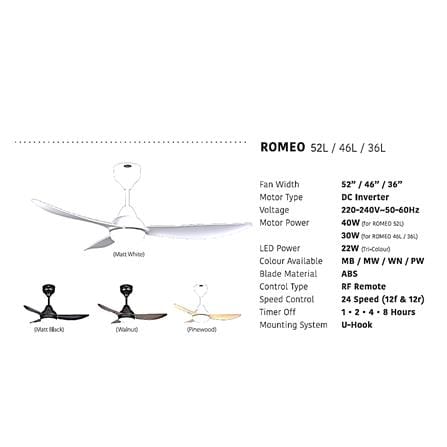 FIERO CEILING FAN ROMEO LED 52 INCH 3 BLADE MATTE WHITE