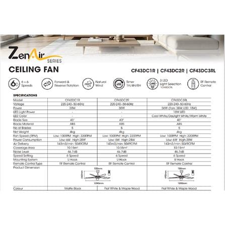KHIND CEILING FAN CF43DC2R 5BLADES FLAT WHITE 43"