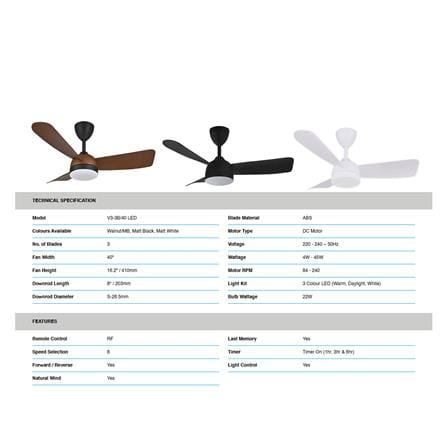 ALPHA CEILING FAN VANNUS V3 3BLADE LED 40 INCH MATTE BLACK