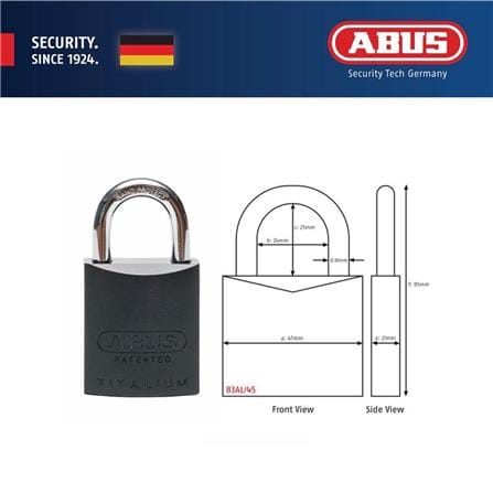 (ONLINE) ABUS 45MM TITALIUM ALUMINIUM PADLOCK WITH 2 KEYS 83AL/45 BLACK
