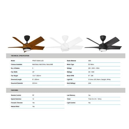 ALPHA CEILING FAN VANNUS PRISTI 5BLADE LED 40 INCH MATTE WHITE