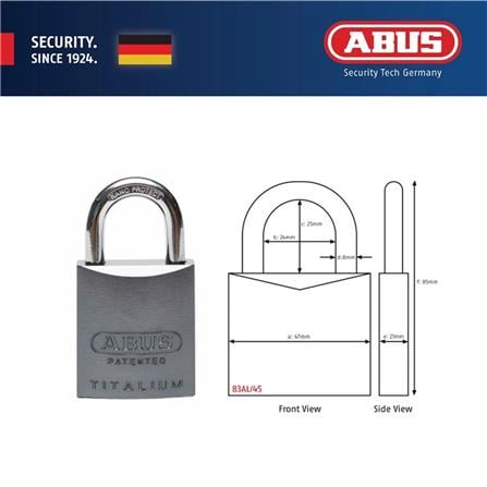 (ONLINE) ABUS 45MM TITALIUM ALUMINIUM PADLOCK WITH 2 KEYS 83AL/45 TITANIUM