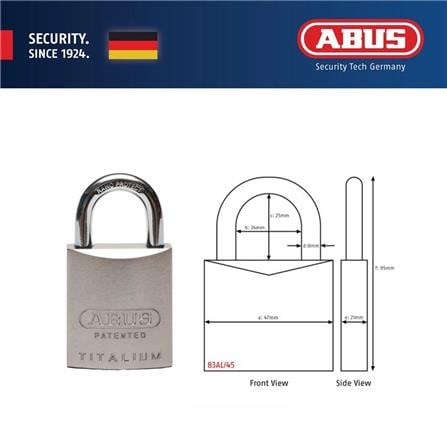 (ONLINE) ABUS 45MM TITALIUM ALUMINIUM PADLOCK WITH 2 KEYS 83AL/45 SILVER