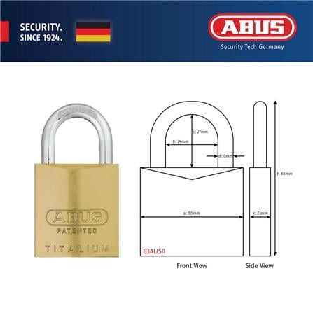 (ONLINE) ABUS 50MM TITALIUM ALUMINIUM PADLOCK WITH 2 KEYS 83AL/50 GOLD