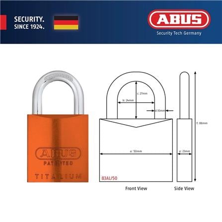 (ONLINE) ABUS 50MM TITALIUM ALUMINIUM PADLOCK WITH 2 KEYS 83AL/50 ORANGE